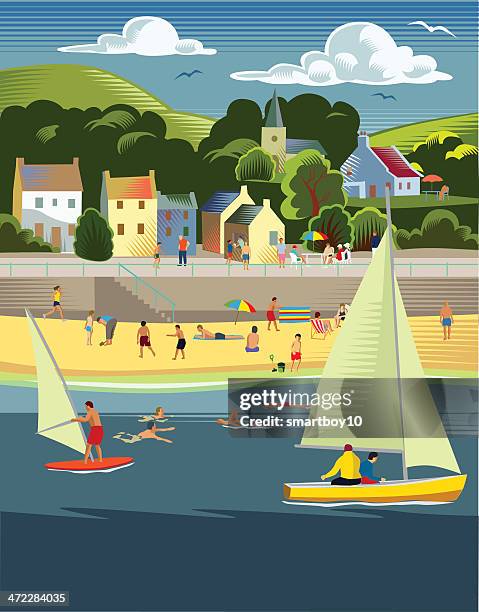 stadt am meer mit strand - schlauchboot stock-grafiken, -clipart, -cartoons und -symbole