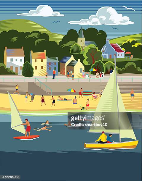 ilustrações de stock, clip art, desenhos animados e ícones de cidade costeira com praia - cornwall england
