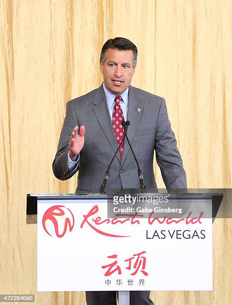 Nevada Gov. Brian Sandoval speaks during the Genting Group's ceremonial groundbreaking for Resorts World Las Vegas on May 5, 2015 in Las Vegas,...