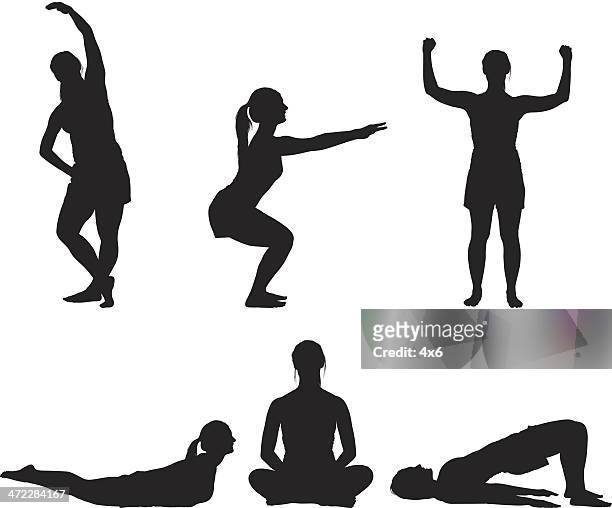 ilustraciones, imágenes clip art, dibujos animados e iconos de stock de chica haciendo ejercicios de yoga silueta - agacharse
