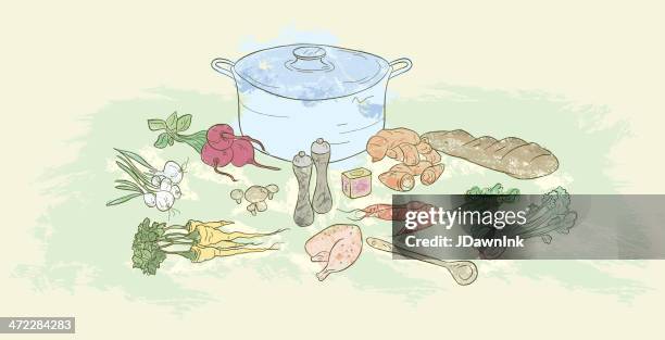 cooking pot, foods and ingredients related to soup making - chicken sweet potato soup stock illustrations