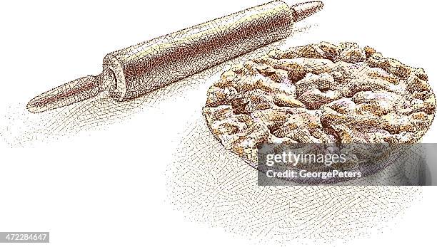 pie and rolling pin etching - blueberry pie stock illustrations