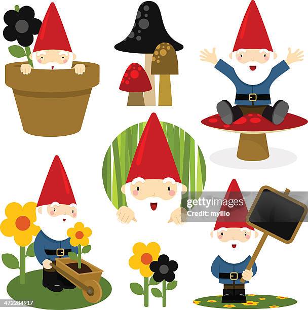 illustrazioni stock, clip art, cartoni animati e icone di tendenza di gnome set. giardinaggio carino - gnomo da giardino