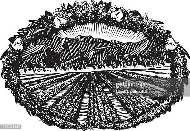 wreath landscape etchings - flower etching stock illustrations
