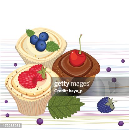 Three Cupcakes On Striped Background Three Cupcakes On Striped Background