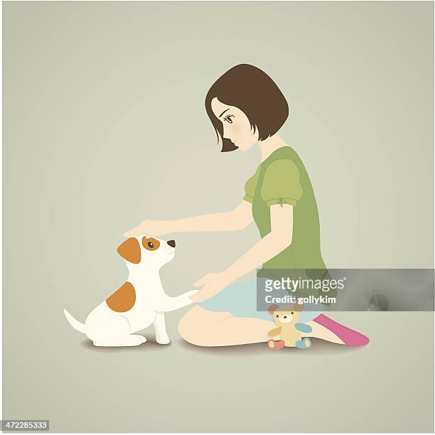 illustrazioni stock, clip art, cartoni animati e icone di tendenza di donna accarezzare il cane - faccia a faccia