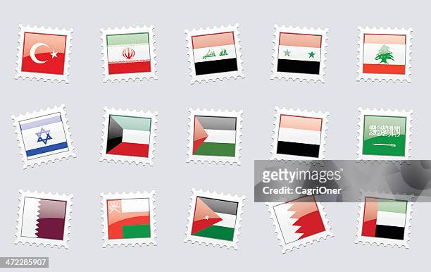 briefmarke flags: middle osten - bahrain stock-grafiken, -clipart, -cartoons und -symbole