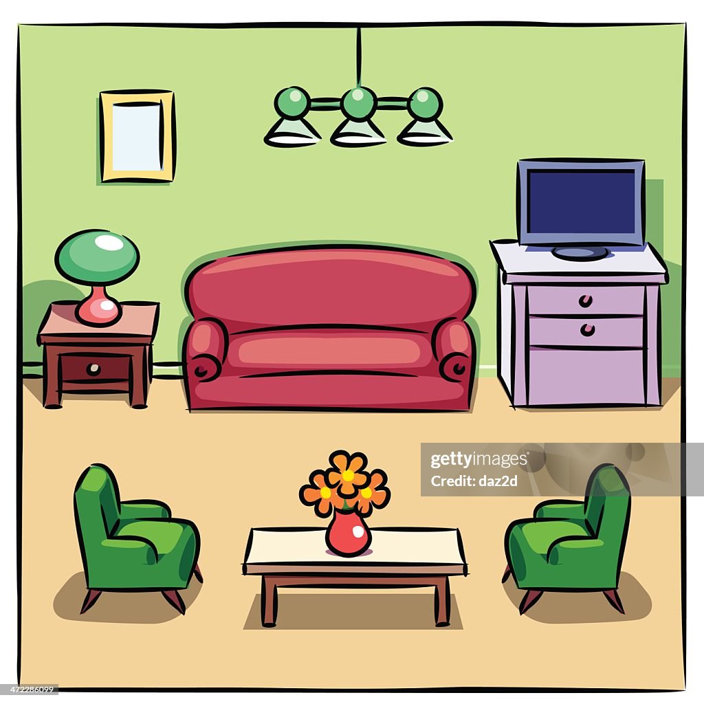 Colorful Drawing Of Living Room With Furniture High-Res Vector Graphic -  Getty Images
