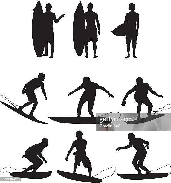 illustrazioni stock, clip art, cartoni animati e icone di tendenza di silhouette di gente surfboarding - muta da sub