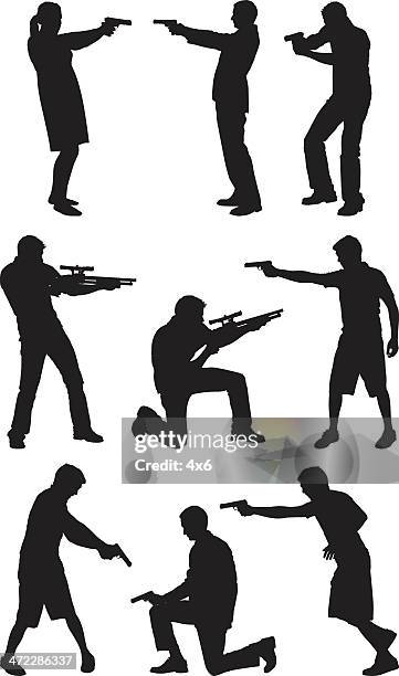 people pointing with firearms - woman with gun stock illustrations