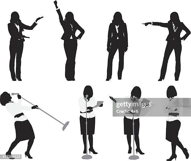 businesswomen doing different activities - microphone stand stock illustrations