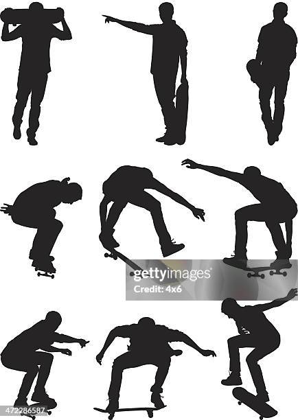 men performing stunts on skateboards - skateboard sequence stock illustrations