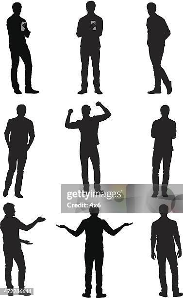 multiple images of a man gesturing - hands in pockets stock illustrations