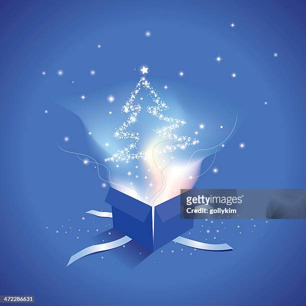 open gift box with christmas tree - exploding box stock illustrations