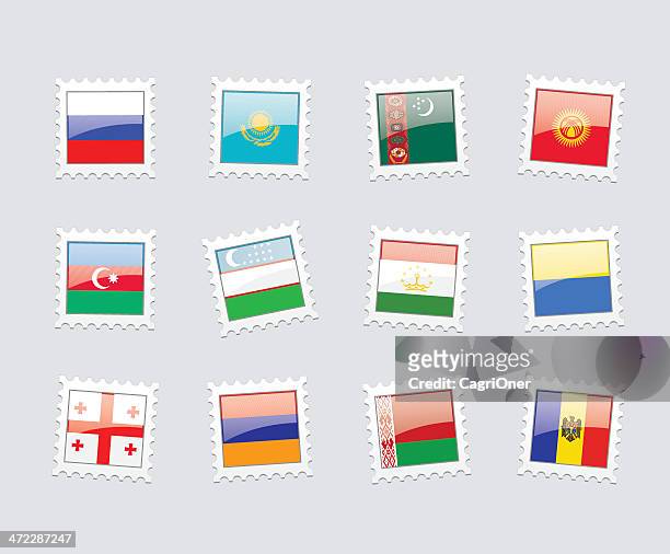 ilustraciones, imágenes clip art, dibujos animados e iconos de stock de sello postal banderas: comunidad de estados independientes (ci - georgia