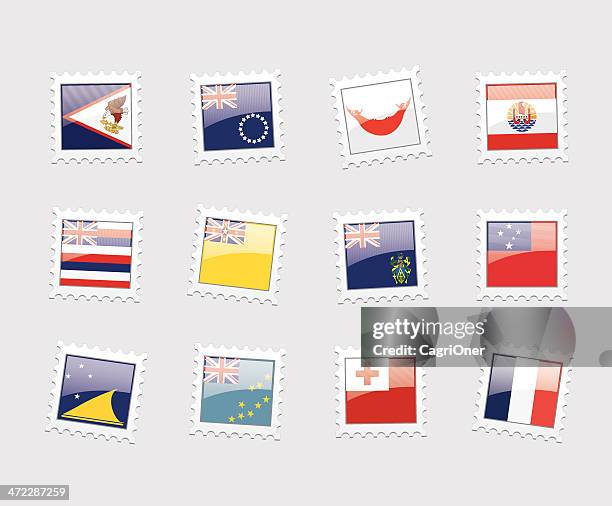 bildbanksillustrationer, clip art samt tecknat material och ikoner med postage stamp flags: polynesia - pitcairnöarna