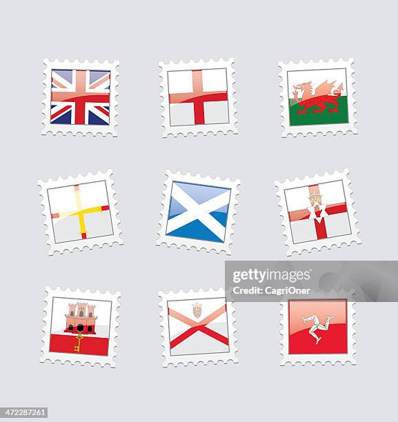 briefmarke flags: britisches territorium in europa - welsh flag stock-grafiken, -clipart, -cartoons und -symbole