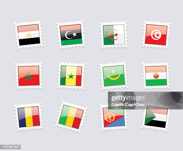 ilustraciones, imágenes clip art, dibujos animados e iconos de stock de sello postal banderas: áfrica del norte - mauritania flag