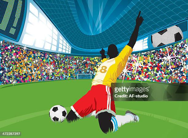 glücklich soccer player - stadion stock-grafiken, -clipart, -cartoons und -symbole