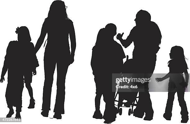 stockillustraties, clipart, cartoons en iconen met parents walking with their children - rear view girl