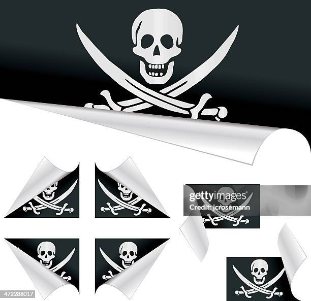 pirates flags behind curled paper - corner peel stock illustrations