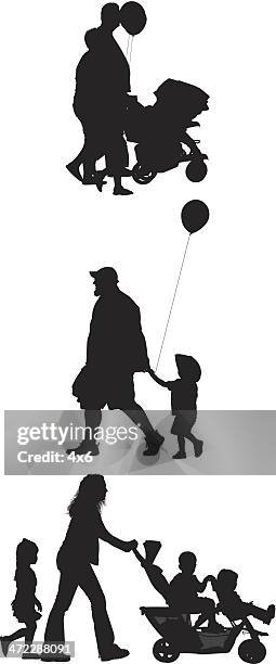 sihouette of family - stroller side view white background stock illustrations