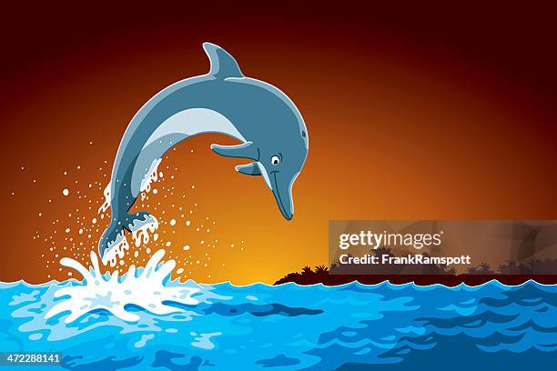 jumping comic dolphin - dolphin stock-grafiken, -clipart, -cartoons und -symbole