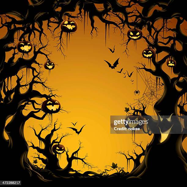 spooky tree border - pumpkin stock illustrations