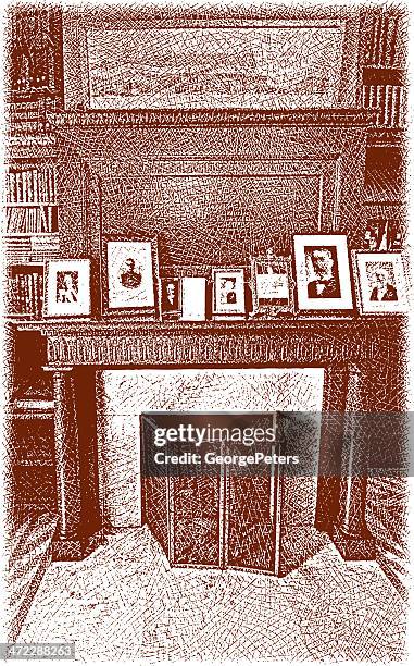 fireplace, mantle and picture frames - photo frame on mantle piece stock illustrations