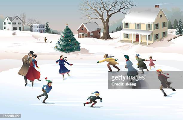 holiday skaters - ice skating christmas stock illustrations
