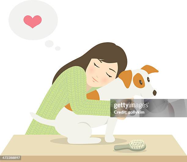 illustrazioni stock, clip art, cartoni animati e icone di tendenza di giovane donna, abbracciare il suo cane dopo aver cura - pets stock illustrations