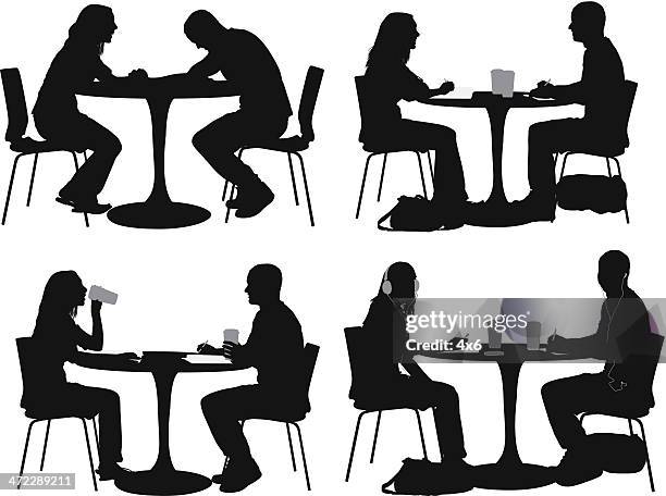 multiple images of a couple in restaurant - couple having coffee stock illustrations