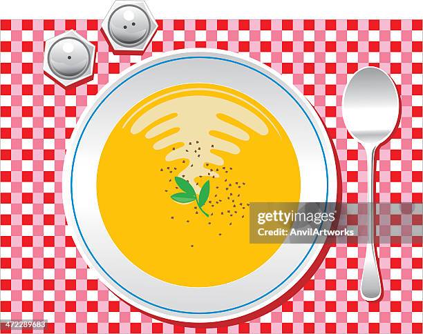 bowl of pumpkin soup - soup bowl illustration stock illustrations