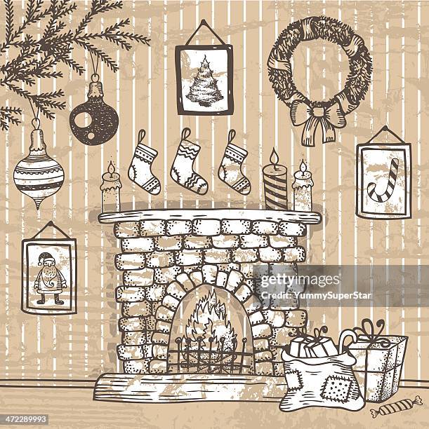 stockillustraties, clipart, cartoons en iconen met vintage style hand-drawn christmas illustration - open haard