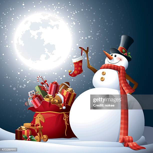 stockillustraties, clipart, cartoons en iconen met snowman - santa's sack - kerstman