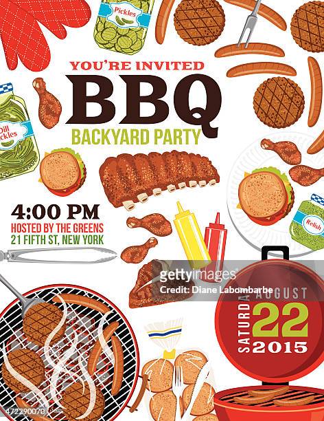 bbq invitation with foods, grill and room for text - rib stock illustrations