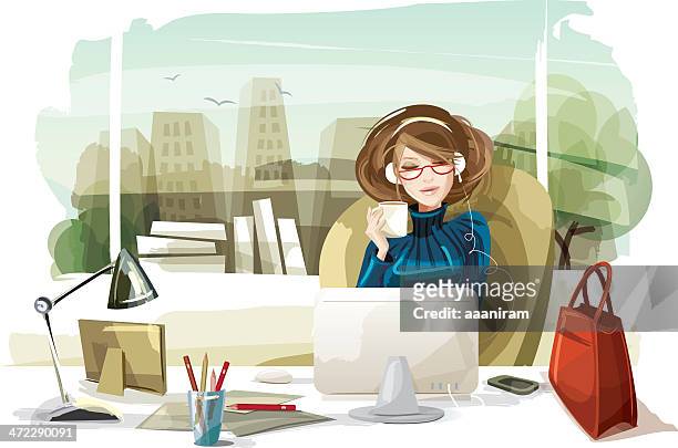 illustrazioni stock, clip art, cartoni animati e icone di tendenza di donna ascoltando musica in ufficio - abbigliamento elegante