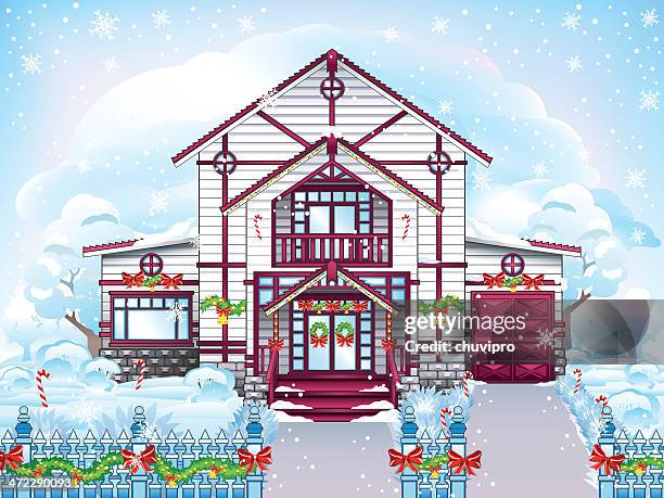 beautiful christmas house - wreath on door stock illustrations