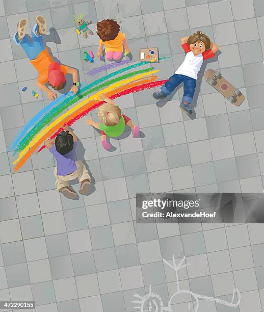 children painting rainbow on the street - sidewalk chalk drawing stock illustrations