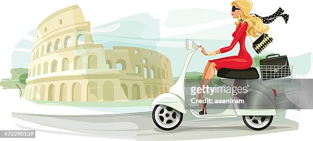 ilustraciones, imágenes clip art, dibujos animados e iconos de stock de empresaria en motoneta en roma - coliseum rome