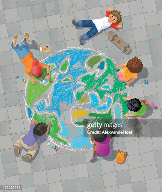 children drawing the world on street - sidewalk chalk drawing stock illustrations