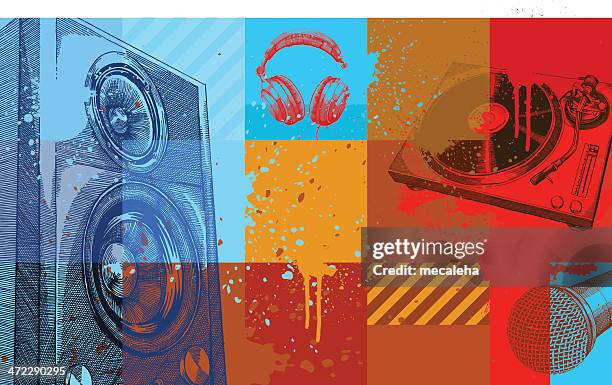 stockillustraties, clipart, cartoons en iconen met a collection of colored squares with music items on them - youth culture