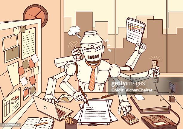 beschäftigt roboter - multitasking stock-grafiken, -clipart, -cartoons und -symbole