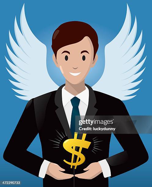 drawing of a businessman with angel wings holding a $ sign - angel investor stock illustrations