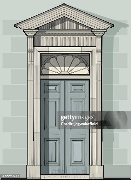 georgian door detail with pediment & gan light - double door stock illustrations