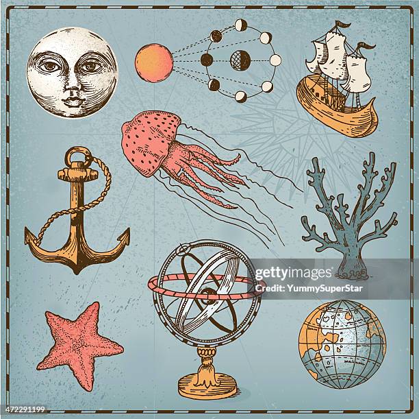 dekorative nautische set - moon drawing stock-grafiken, -clipart, -cartoons und -symbole