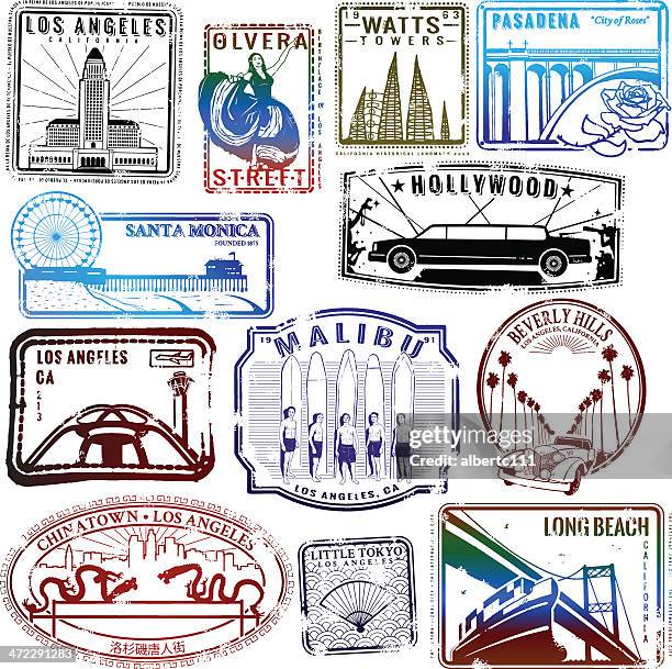 bildbanksillustrationer, clip art samt tecknat material och ikoner med retro los angeles stamp collection - hollywood kalifornien