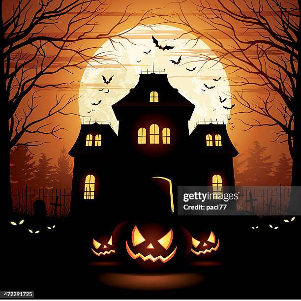 halloween spooky house - halloween moon stock illustrations