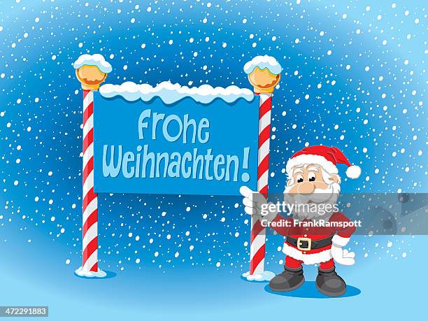 santa claus pointing frohe weihnachten sign snow - weihnachten illustration stock illustrations