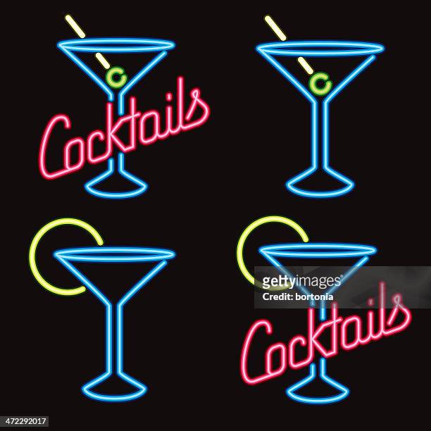 neon-cocktail-lounge der beschilderung - martini stock-grafiken, -clipart, -cartoons und -symbole